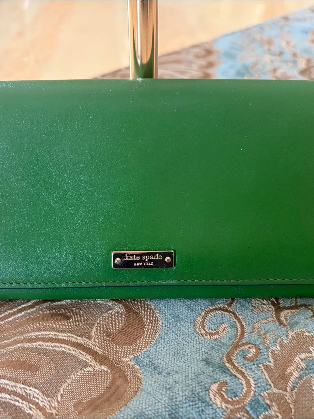 kate spade Green Leather Wristlet Clutch with Silver Plaque very high-end